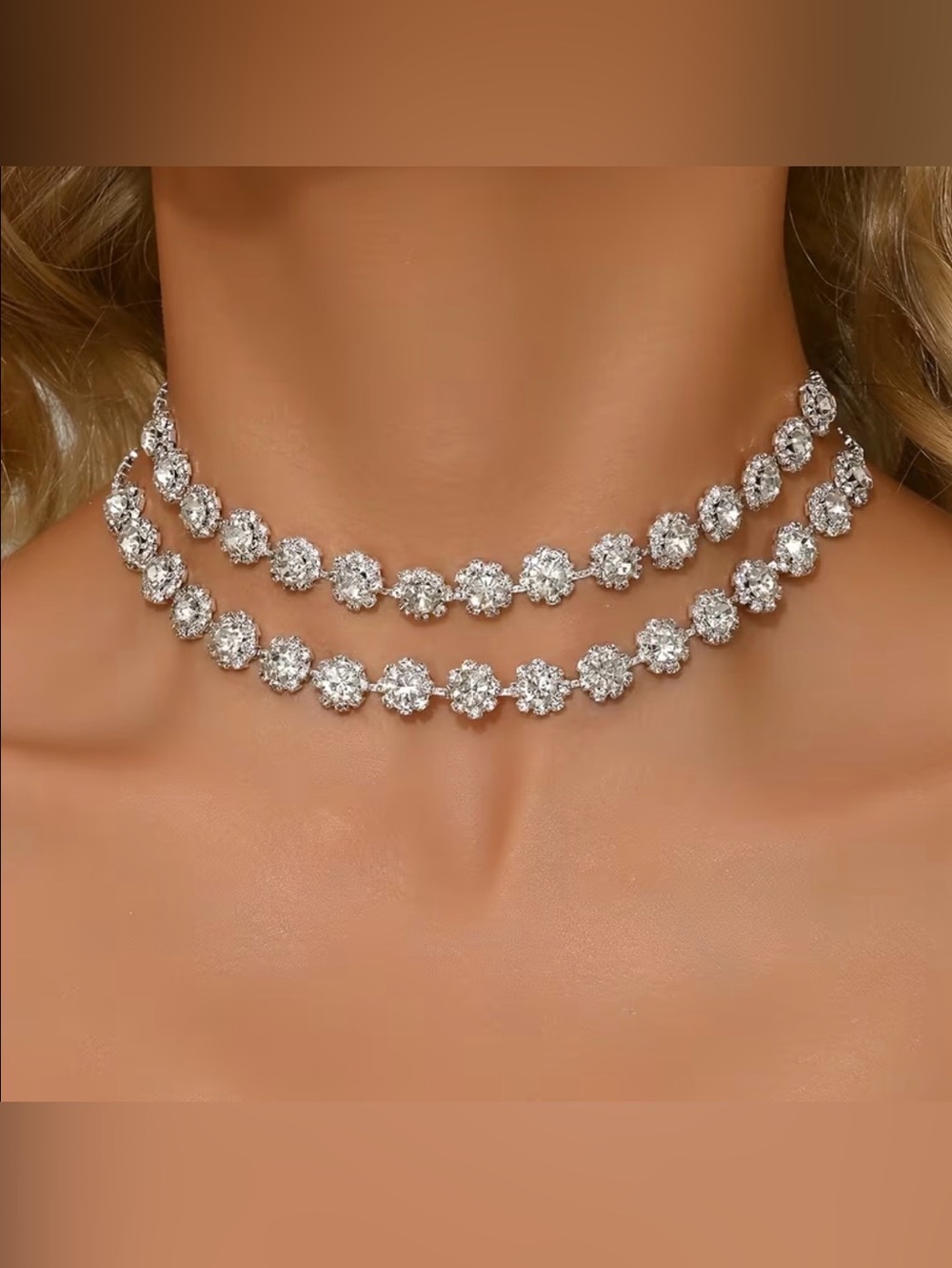 Double Strand Crystal Flower Choker Necklace - Silver